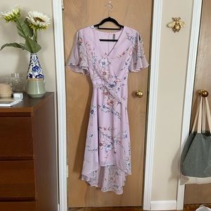 Floral lavender faux-wrap dress